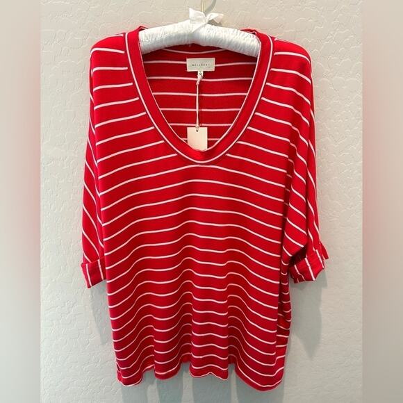 MELLODAY | Red & White Striped Soft Knit V-Neck Top NWT | Size Large - Picture 1 of 8